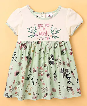 Ollypop Half Sleeves Cotton Frock Floral Print - Green