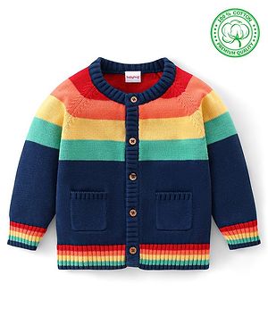 Babyhug Organic Cotton Full Sleeves Front Open Colour Block Design  Sweater -Blue Red & Green