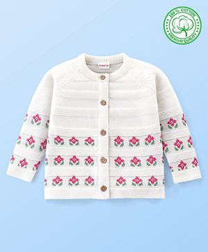 Babyhug Organic Cotton Full Sleeves Front Open Floral Design Sweater - White & Pink