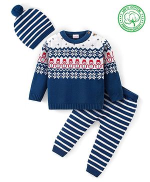 Babyhug 100% Organic Cotton Full Sleeves Sweater Set With Cap Intarsia Design- Blue