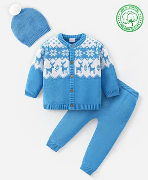 Babyhug 100% Organic Cotton Full Sleeves Sweater Set With Cap Intarsia Bear Design- Blue