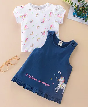 ToffyHouse Cotton Frock With Half Sleeves Inner Tee Unicorn Print - White & Blue
