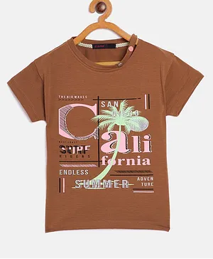 Ziama Cold Shoulder Short Sleeves California Summer Beach Theme Printed Top - Tan Brown