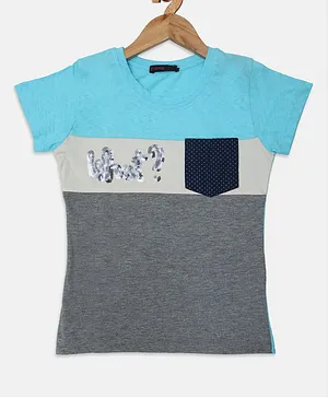 Ziama Half Sleeves  What Sequins Embellished Colour Blocked  Top - Ferozi Blue