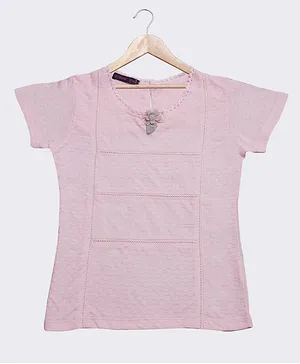 Ziama Half Sleeve Floral Applique Schiffli Embroidered Top -Pink