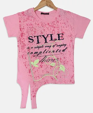 Ziama Half Sleeves Colour Splash Art & Floral Printed Knit Detail Top - Pink