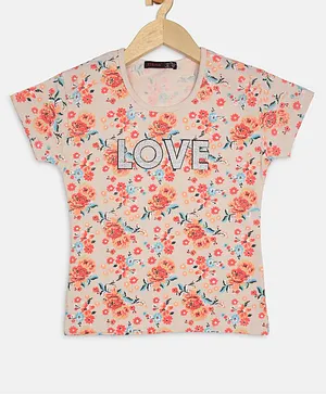 Ziama Half Sleeves Rose Theme Love Glitter Printed Top - Oat Melange
