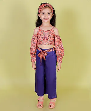 Lil Drama Cold Shoulder Puffed Full Sleeves Paisley Abstract Printed Top & Pant Set - Purple