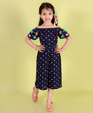 Lil Drama Half Sleeves Polka Dots Printed Pom Pom Applique Jumpsuit - Navy Blue