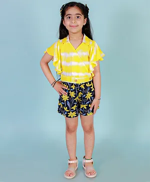 Lil Drama Flutter Sleeves Colour Mixed Top & Floral Printed Shorts Set - Yellow