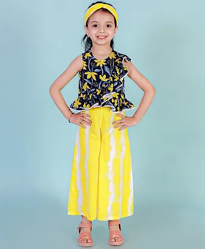 Lil Drama Sleeveless Frilled Floral Printed Top & Pant Set - Yellow