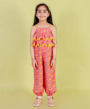 Lil Drama Sleeveless Heart Birds Printed Lace Detailed Jumpsuit - Orange