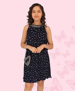 Cutecumber Sleeveless All Over Polka Dots Printed & Sequins Embellished Accordion Pleated Party Dress -  Navy Blue