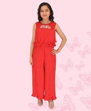 Cutecumber Sleeveless Floral Embroidered Frilled Bodice  Accordion Pleated Jumpsuit - Red