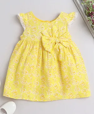 Many frocks & Cap Frill Sleeves Roses Motif Printed Bow Detail Gathered  Dress - Yellow