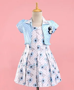 Enfance Cap Puffed Sleeves Polka Dots & Floral Roses Printed Floral & Dots Printed & Appliqued Box Pleated Dress Set - Sky Blue