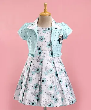 Enfance Cap Puffed Sleeves Polka Dots & Floral Roses Printed Floral & Dots Printed & Appliqued Box Pleated Dress Set - Sea Green