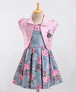 Enfance Cap Sleeves Rose Floral Printed & Glen Club Checked Self Design Box Pleated Dress Set - Pink