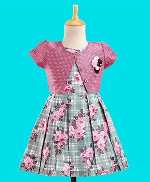 Enfance Cap Sleeves Floral Printed & Glen Club Checked Box Pleated Dress Set - Pink