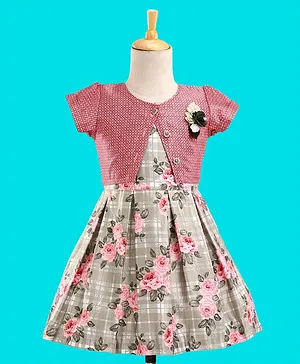 Enfance Cap Sleeves Floral Printed & Glen Club Checked Box Pleated Dress Set - Peach