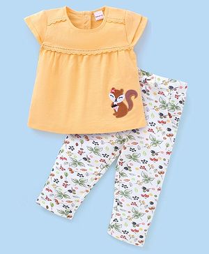 Babyhug 100% Cotton Knit Half Sleeves Top and Legging Set With Squirrel Patch & Fruits Print - Yellow & White