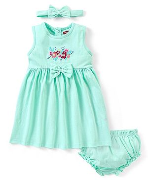 Babyhug 100% Cotton Sleeveless Frock with Bloomer and Headband Floral Embroidery - Green