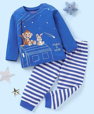 Babyhug Cotton Full Sleeves Night Suit Monkey & Stripes Print- Blue