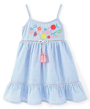 Babyhug Yarndyed Singlet Sleeves Frock with Floral Embroidery  - Blue