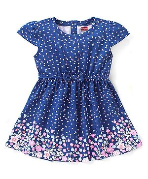 Babyhug 100% Cotton Knit Cap Sleeves Frock Floral Print - Navy Blue