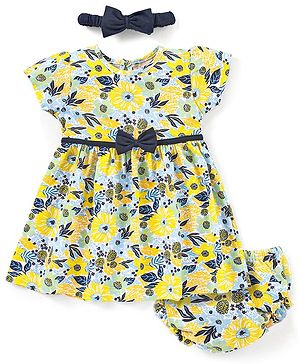 Babyhug 100% Cotton Short Sleeves Frock With Bloomer Headband & Floral Print - White & Yellow