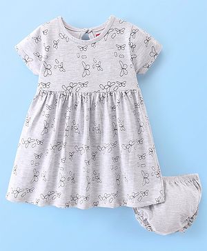 Babyhug 100% Cotton Knit Half Sleeves Frock With Bloomer Butterfly Print - Grey