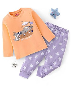 Babyhug Cotton Full Sleeves Night Suit Bunny & Stars Print- Peach & Lavender