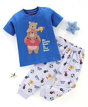 Babyhug Cotton Knit Half Sleeves Striped Night Suit Teddy Print - Blue & Ecru Melange