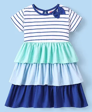 Babyhug 100% Cotton Knit Half Sleeves Frock With Bow Applique Striped - White Green & Blue