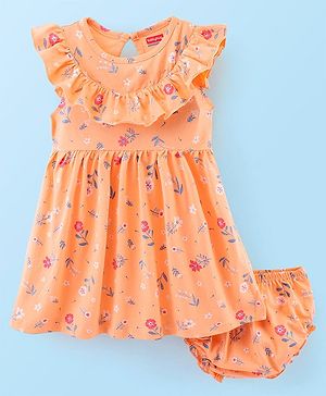 Babyhug 100% Cotton Knit Cap Sleeves Frock with Bloomer Floral Print - Orange