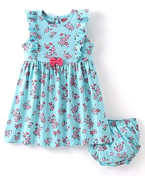 Babyhug 100% Cotton Knitted Sleeveless Frock With Bloomer Floral Print- Blue