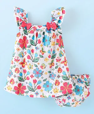 Babyhug 100% Cotton Knit Sleeveless Frock With Bloomer Floral Print & Bow Applique - White