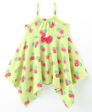 Babyhug 100% Cotton Knit Sleeveless Frock with Floral Print & Bow Applique - Lime Green