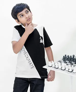 LADORE Half Sleeves Checkmate Knight Embroidered Colour Blocked Tee - White & Black