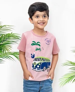 LADORE Travel Camper Theme Half Sleeves Surf Board & Traveller Vehicle Printed Tee - Pink