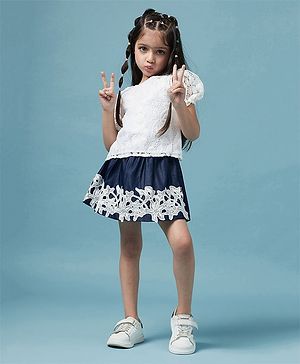 Pspeaches Puffed Half Sleeves Lace Embellished Top With Coordinating Laced Skirt - White & Blue