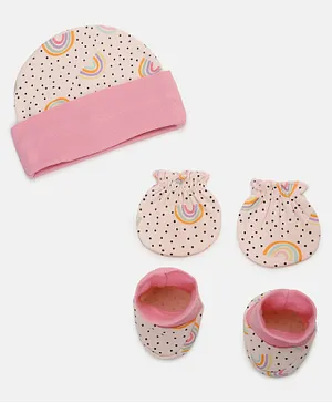 Grandma's Cotton Cap Mittens & Booties Set Polka Print Peach - Cap diameter 11 cm