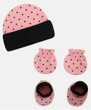 Grandma's Cotton Cap Mittens & Booties Set Polka Print Pink - Cap diameter 11 cm