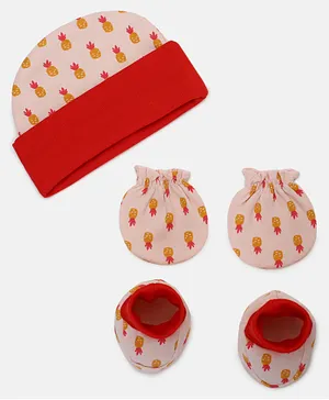 Grandma's Cotton Cap Mittens & Booties Set  Pineapple Print Peach - Cap diameter 11 cm