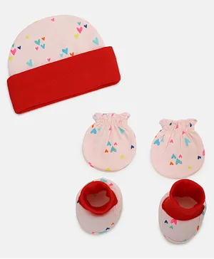 Grandma's Cotton Cap Mittens & Booties Set Heart Print Baby Pink - Cap diameter 11 cm