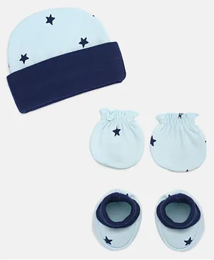Grandma's Cotton Cap Mittens & Booties Set Star Print Navy Blue - Cap diameter 11 cm