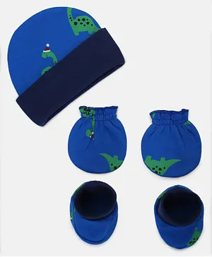 Grandma's Cotton Cap Mittens & Booties Set  Giraffe Print Blue - Cap diameter 11 cm