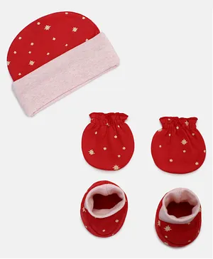 Grandma's Cotton Cap Mittens & Booties Set Printed Red - Cap diameter 11 cm