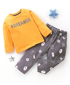 Babyhug Cotton Knit Full Sleeves Night Suit Dreamer Print - Grey & Yellow