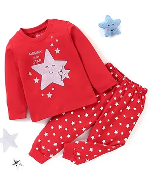 Babyhug Cotton Knit  Full Sleeves Night Suit Stars Printed - Red